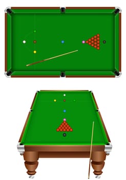 The snooker table with a cue and balls isolated on a white background