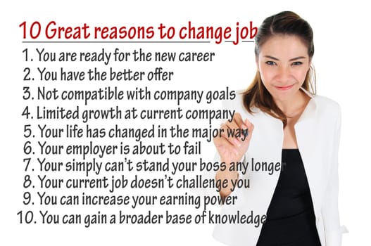 Businesswoman write great reasons to change job for human resources concept