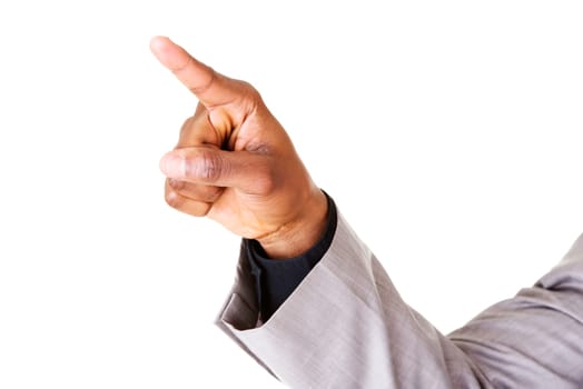 male hand pointing high. isolated on white.