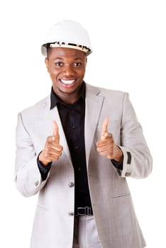 male businessman wearing a helmet. pointing. isolated on white.