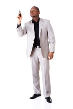 male businessman points high with pen. vertical. isolated on white.