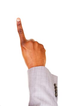 male hands,pointing. sign. isolated on white.