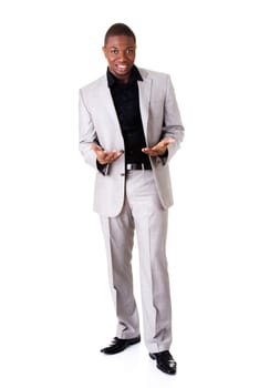 male businessman with open palms. isolated on white.