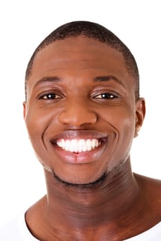 young handsome male's face smiling. closeup. isolated on white.