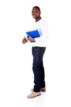 handsome man holding files. student. businessman. isolated on white.