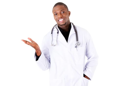 male doctor with open hands. spread hands. isolated on white.