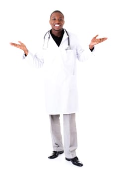 male doctor with open hands. spread hands. isolated on white.