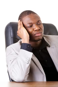 male businessman sitting,bored,sleeping. isolated on white.
