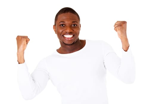 handsome male with fists up. isolated on white.