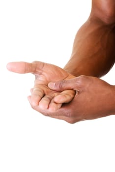 man rubbs his hands. closeup. isolated on white.