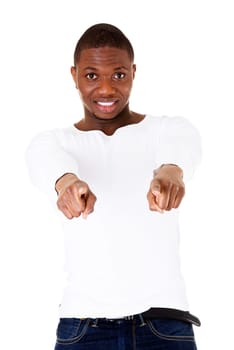 handsome man pointing with fingers. isolated on white.