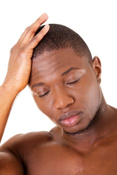 young handsome man with headache. isolated on white.