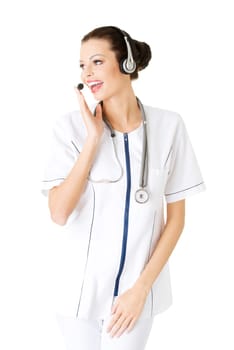 young attractive nurde with microphone and headphones. isolated on white.
