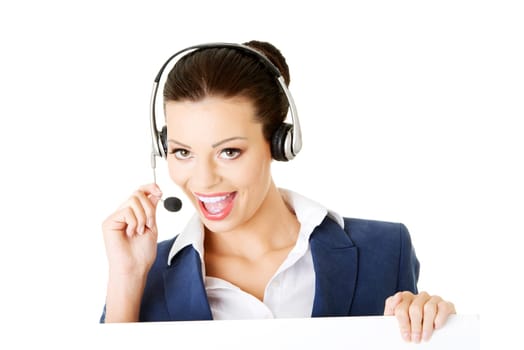 attractive businesswoman on call center. isolated on white.