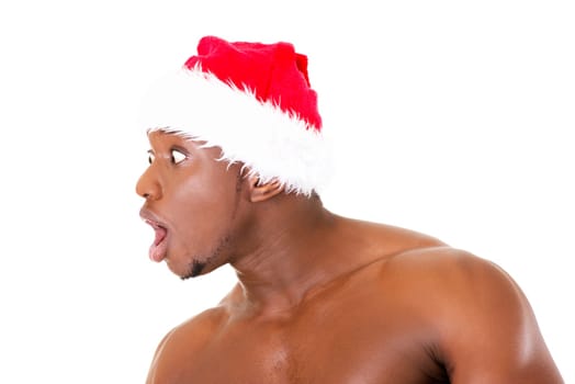 attractive man with a santa hat. isolated on white.