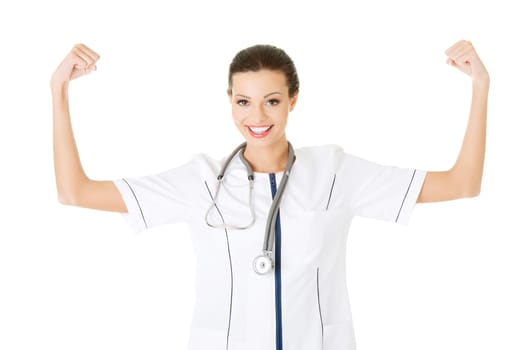 attractive young nurse with raised hands. isolated on white.
