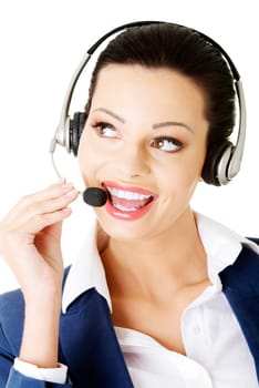 attractive businesswoman on call center. isolated on white.