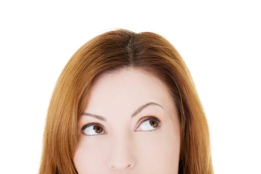 beautiful woman lookung up. cut out. isolated on white.