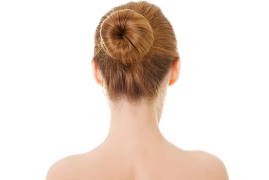 naked woman's back-head and shoulders. isolated on white.