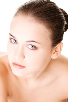 attractive naked woman. face portrait. closeup. isolated on white.