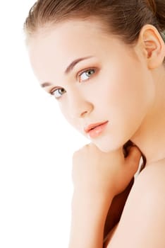 attractive naked woman looking at camera. closeup. side view. isolated on white.