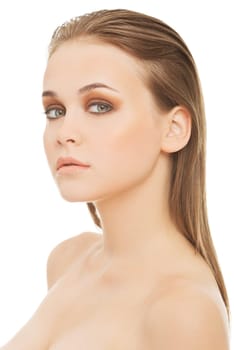 attractive woman's face. closeup. she's looking at camera. isolated on white.