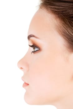 woman's face closeup. profiles. isolated on white.