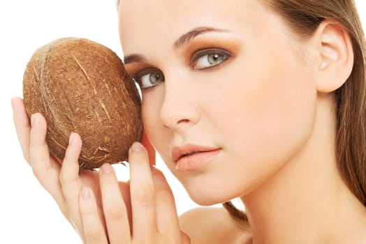 attractive young woman with coconut. closeup. isolated on white.