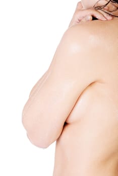 woman's body side view. closeup. isolated on white.