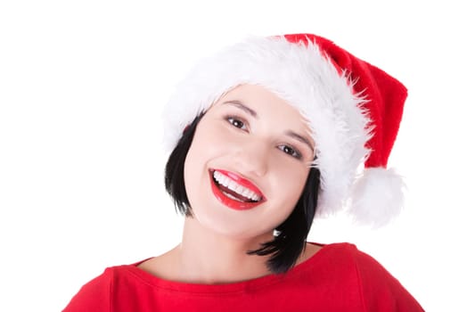 santa girl smiling. portrait. isolated on white