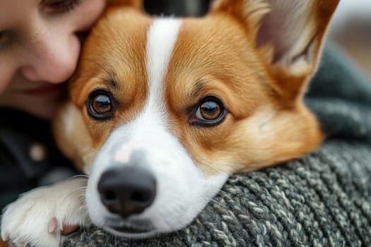 A cute corgi dog looks at the camera while being held by its owner at the vet clinic conveying affection and comfort during a visit. High quality photo