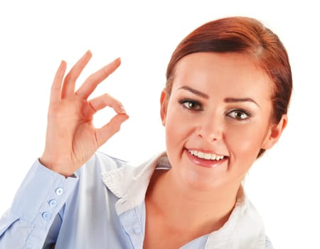 Young woman showing ok gesture isolated on white