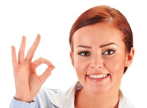 Young woman showing ok gesture isolated on white