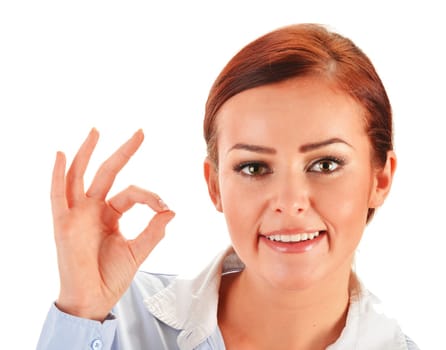 Young woman showing ok gesture isolated on white