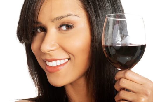 attractive naked woman with glass of wine. closeup. isolated on white.