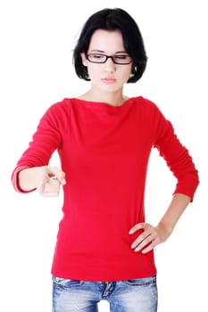attractive woman pointing down with eyeglasses. isolated on white.