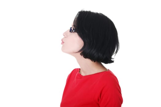 profile of attractive woman in eyeglasses. isolated on white.