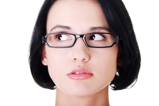 female's face with eyeglasses. cut out. isolated on white.