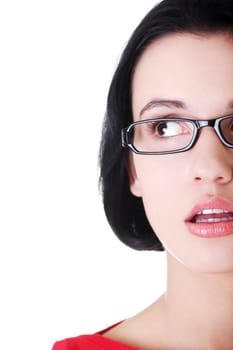 female's face with eyeglasses. cut out. isolated on white.