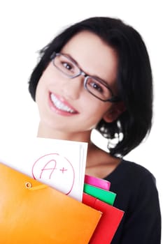 casual young woman showing her perfect exam result. isolated on white.