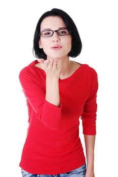 attractive woman in eyeglasses sending kiss.isolated on white.