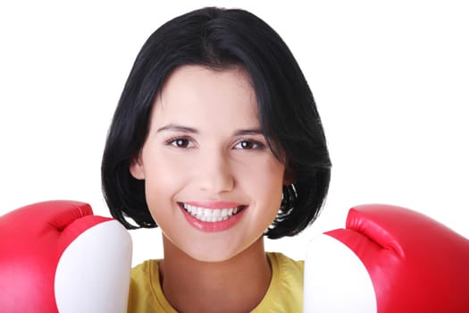 attractive young woman with boxing gloves. isolated on white.