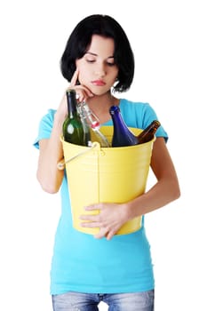 attractive woman with bottles,recycling idea. isolated on white.