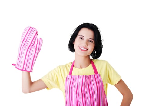 young housewife in kitchen apron and kitchen glove. isolated on white.