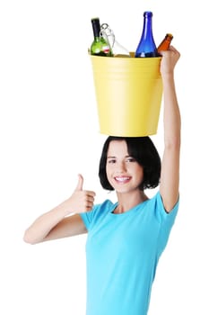 attractive woman with bottles,recycling idea. isolated on white.