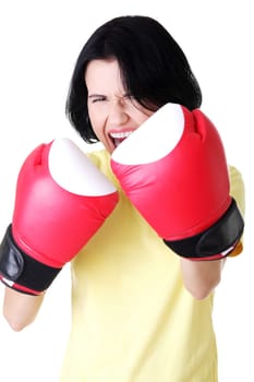attractive young woman with boxing gloves. isolated on white.