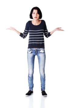 young woman spreading her arms and hands. isolated on white.