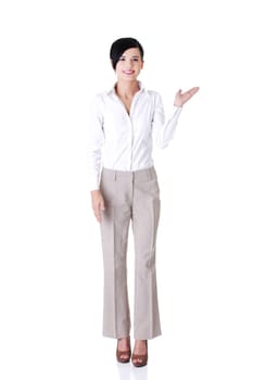 attractive young businesswoman. vertical. front view. isolated on white.