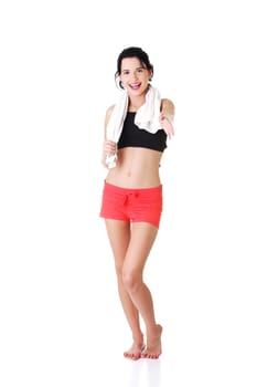 attractive woman in sportswear and towel with. isolated on white.