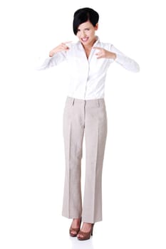 attractive young businesswoman. vertical. front view. isolated on white.